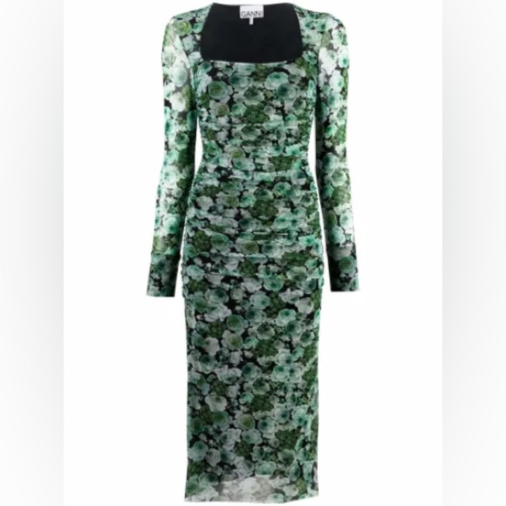 Ganni Green Floral Long-Sleeve Midi Dress with Square Neck